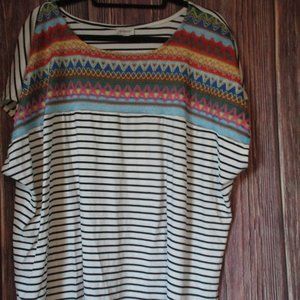 Avenue 22/24 white  black stripe plus aztec style embroidery knit tunic top NWOT